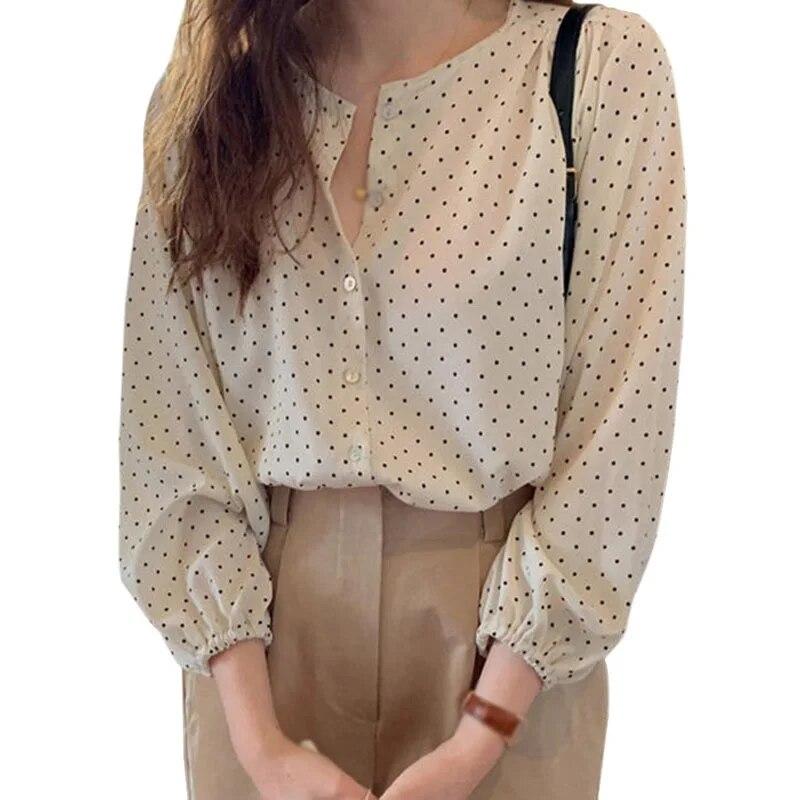 Женские однобортные свободные шифоновые блузки с длинным рукавом в горошек и круглым вырезом для отдыха, рубашки