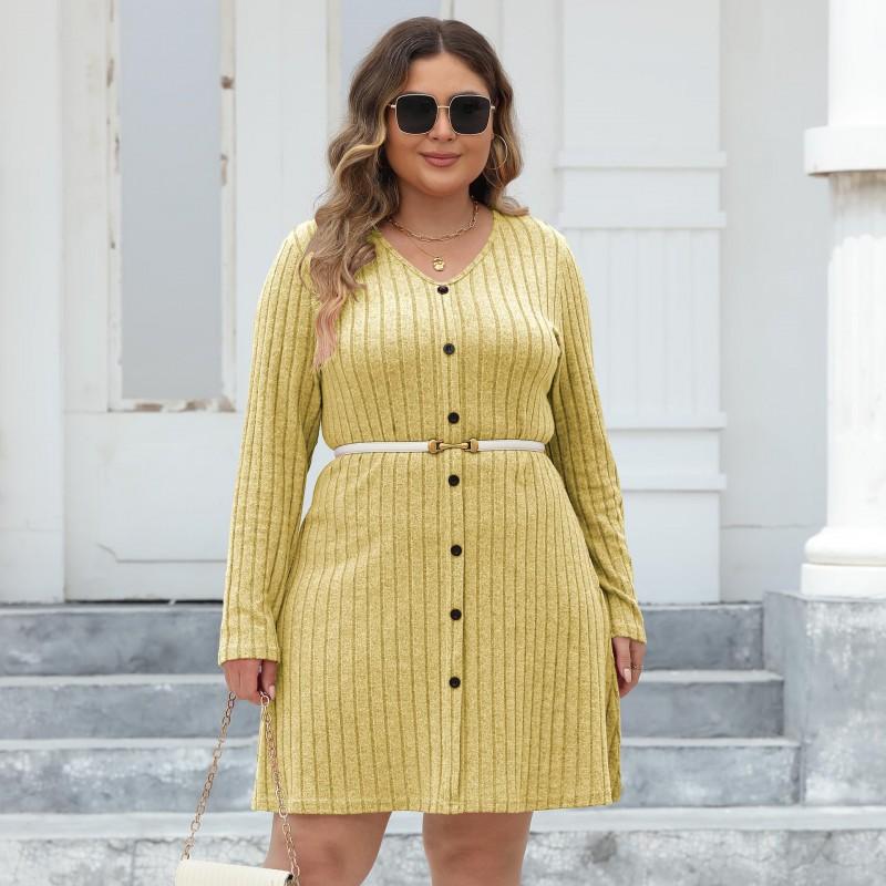 Womens Plus Size A-Line Knit Dress With Button Detail Deep V-Neck Striped Midi Skirt Casual Streetwear