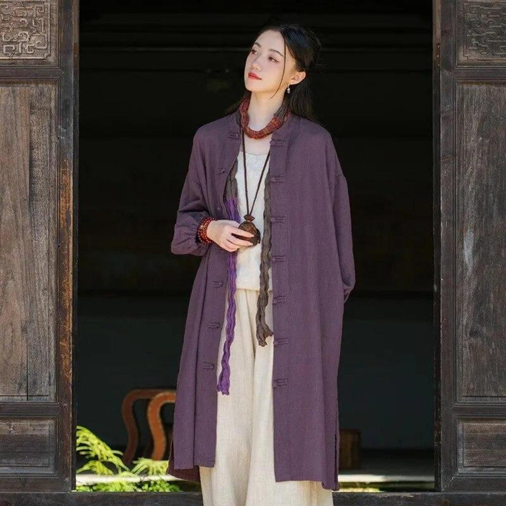 Женский Тренч в китайском стиле, сплошной цвет, пальто-стойка, осенний винтажный плащ с рукавами-фонариками на пуговицах