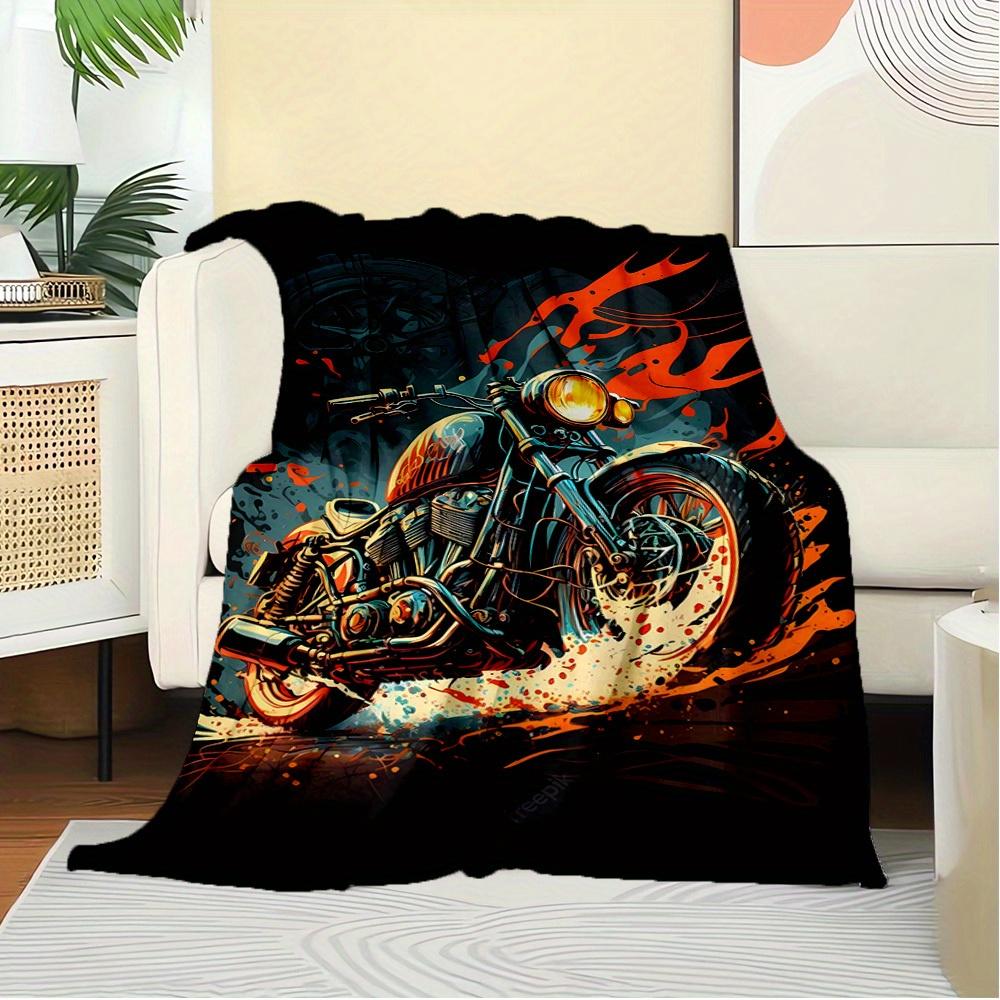 1pc Motorcycle,Flame,Artwork Digital Print Flannel Blanket - Contemporary Style, Suitable for All Seasons, Perfect for Home, Travel, or Camp