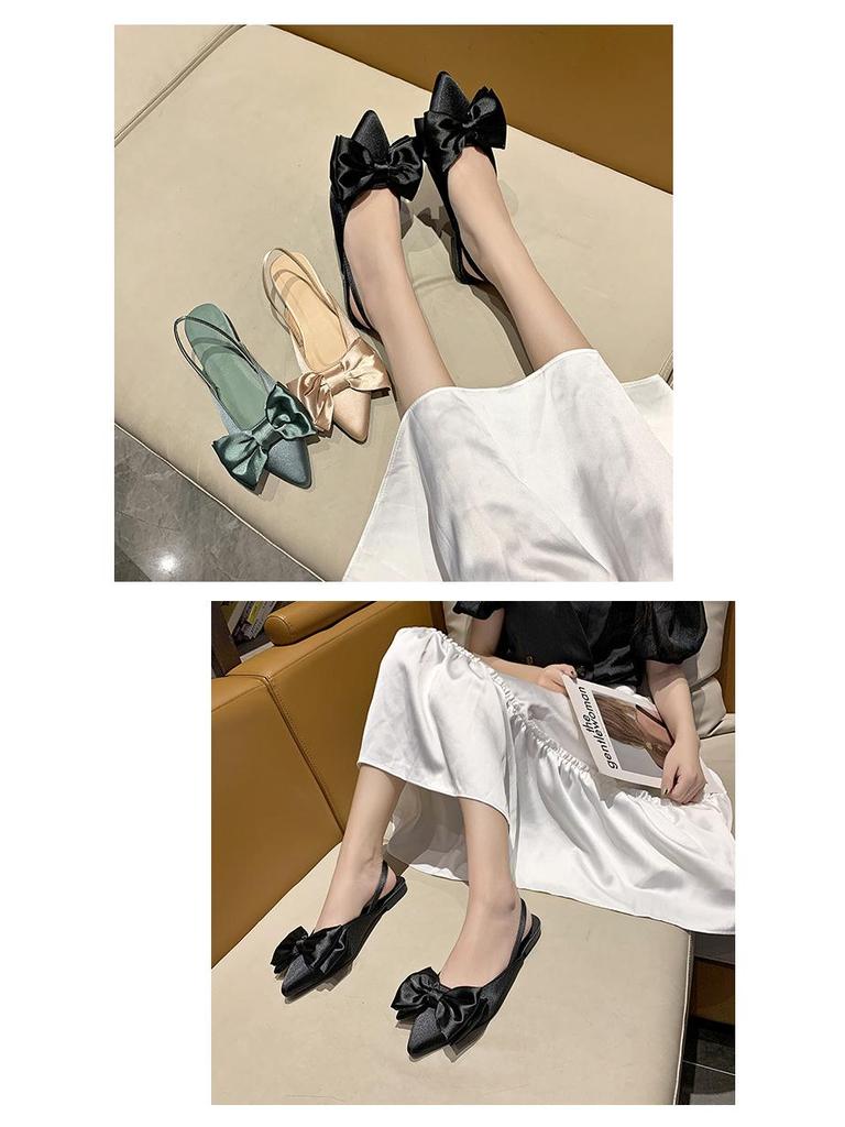 2022 Европейские женские шелковые босоножки с острым носком и бантом - Летние двухкомпонентные босоножки на квадратном каблуке