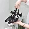 New Summer Hollow Mesh Yarn Breathable Rear Thick Heel Rhinestone Temperament Women's Sandals Soft Leather Toe Shoes
