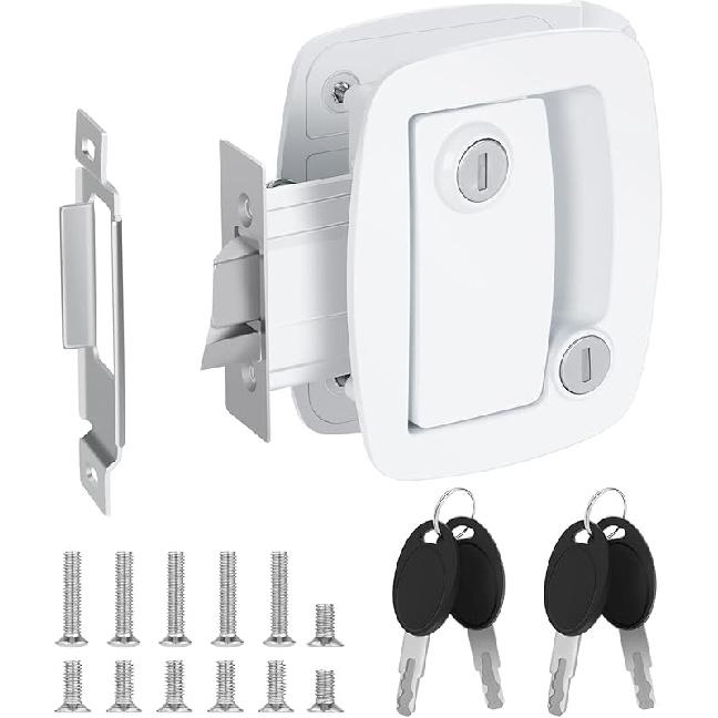 RV Locks For Travel Trailers, RV Entry Door Lock With Paddle Deadbolt, 100% Zinc Alloy Metal Camper Door Latch Replacement Kit, With 4 RV Keys For