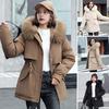 Winter Women Jacket Furry Hood Long Sleeves Drawstring Waist Pockets Zipper And Button Closure Windbreaker Mid Length Solid Color Windproof Warm Coat