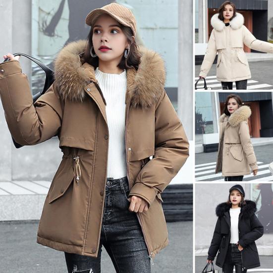 Winter Women Jacket Furry Hood Long Sleeves Drawstring Waist Pockets Zipper And Button Closure Windbreaker Mid Length Solid Color Windproof Warm Coat