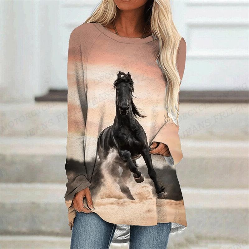 Horse T Shirt Animal 3d Print T-shirt Women Fashion T-shirt Long Sleeve Tops Tees Ladies Tshirt Loose Camisetas Femme