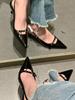 French Small Medium Heel Sandals Women's Summer 2025 Spring Black Pointed Kitten Heel Single Shoes High Heels Temperament