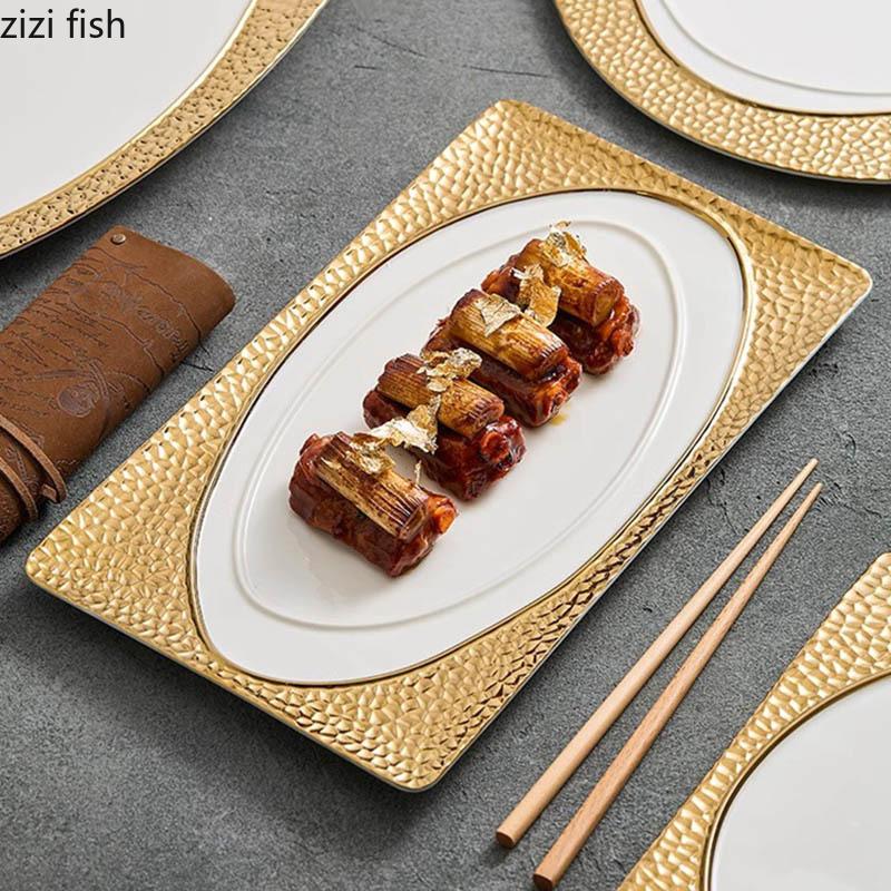 Gold-plated Wood Grain Ceramic Dinner Plate Dessert Plate Sushi Plate Snack Plates Molecular Cuisine Specialty Tableware