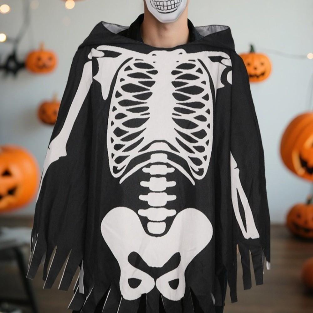 Goth Skeleton Cape Hooded Skull Bones Cloak Funny Halloween Props Hallowmas