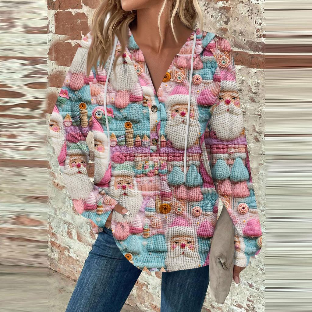 Женская мода с длинным рукавом, завязками на шнурке, капюшоном, пуговицами, V-образным вырезом, повседневная толстовка с капюшоном и рождественским принтом