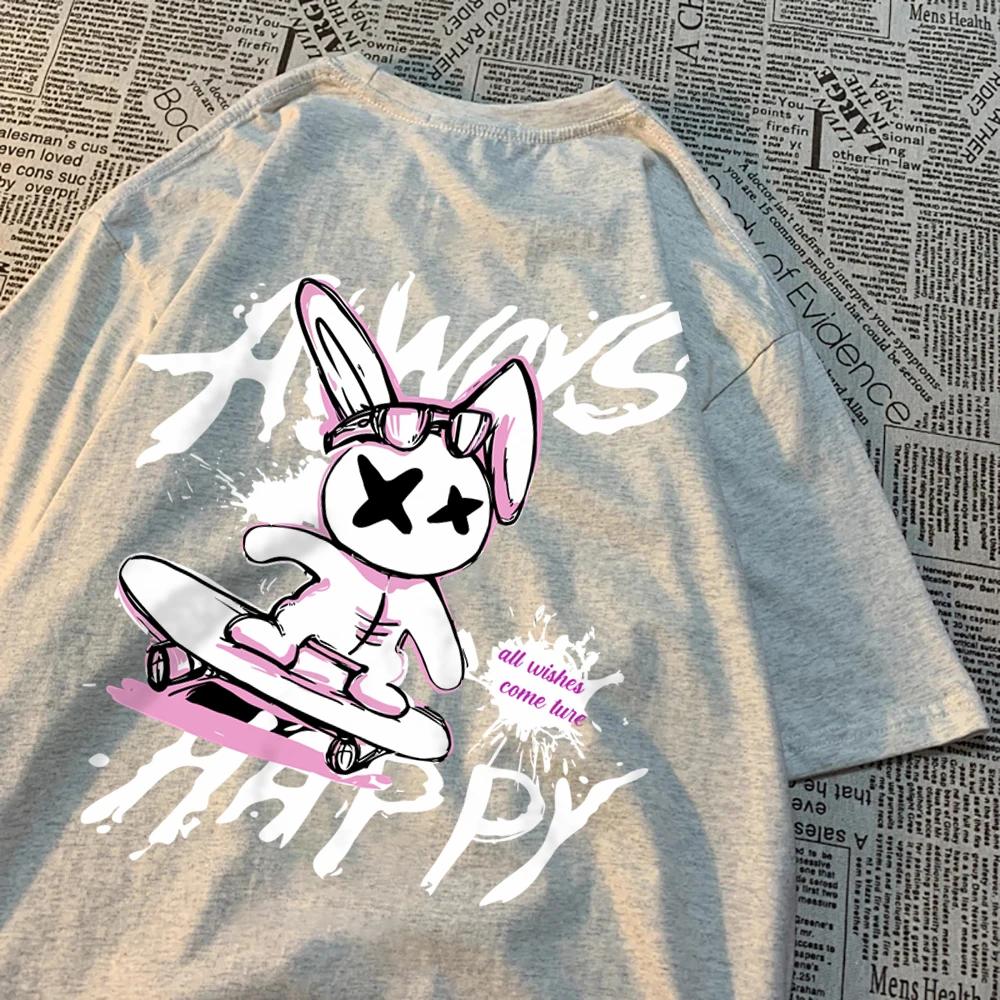 Always Happy Skateboard Rabbit Мужские футболки свободного покроя Harajuku Мягкая одежда Модная дышащая футболка Хлопковая футболка с круглым вырезом