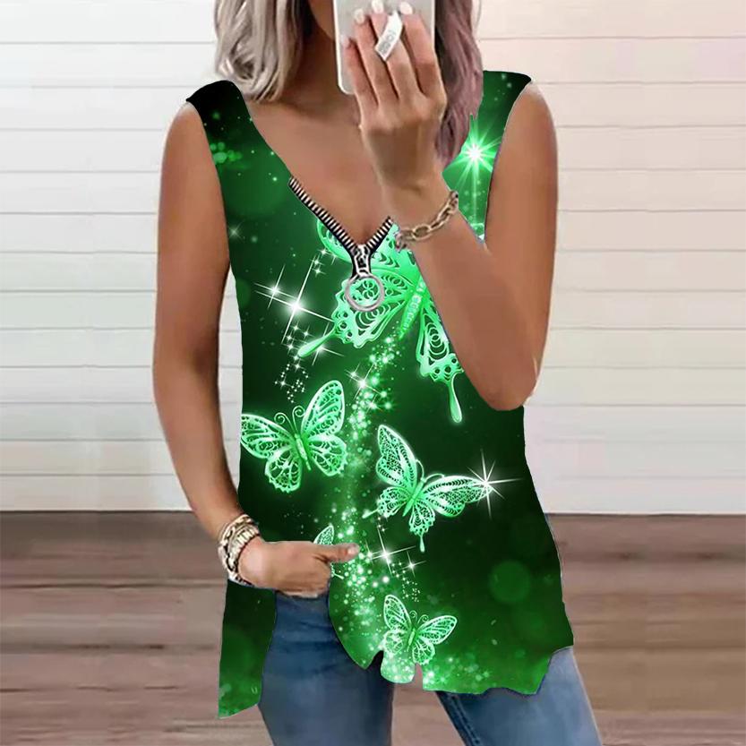 Женский топ, летний новый модный повседневный топ с золотым принтом бабочки размера плюс, топ без рукавов на молнии с v-образным вырезом, майка