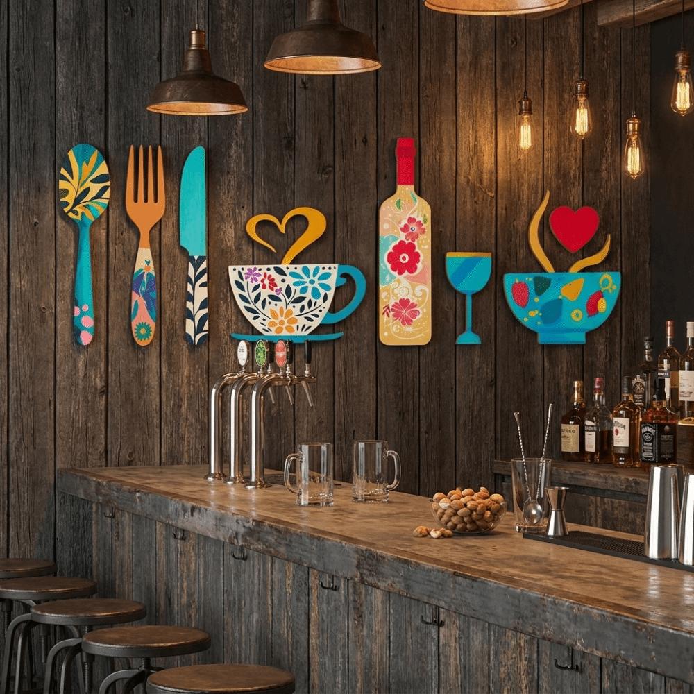 8PCS/SET Rustic Floral Kitchen Utensil Pendant Wood Coffee Cup Wall Sticker Wall Art Decals Bar