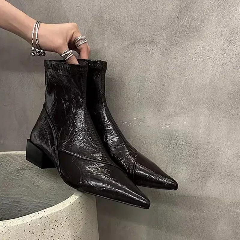 Fashionable Pointed Toe Short Boots Women's Chunky Heel Ankle Boots Autumn Winter New Style Leather Inner Microfiber Material