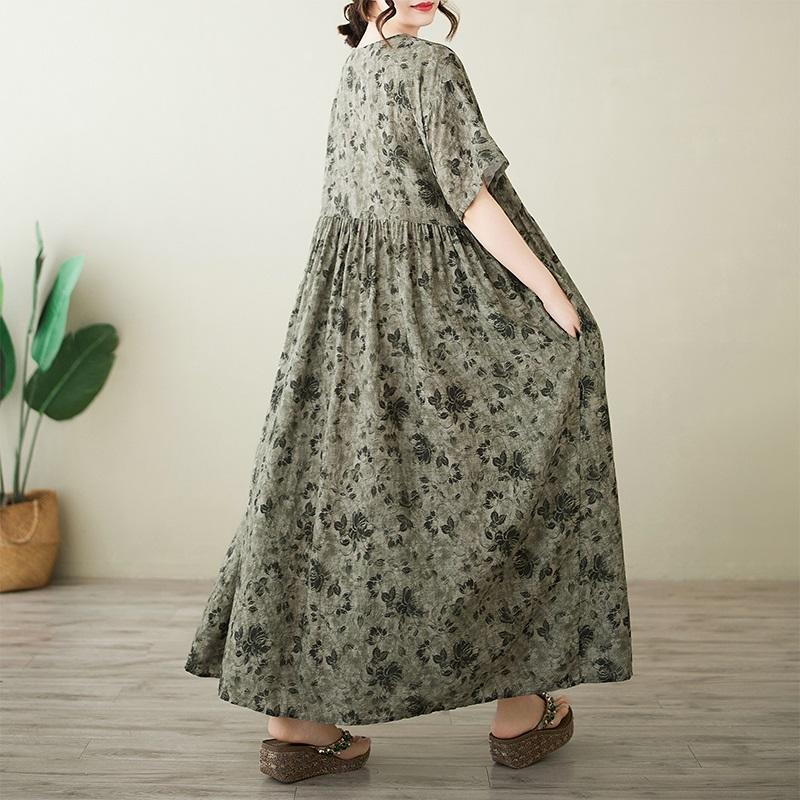 Короткий рукав Плюс размер Хлопок винтажный цветочный новый в платьях для женщин повседневное свободное макси длинное летнее платье