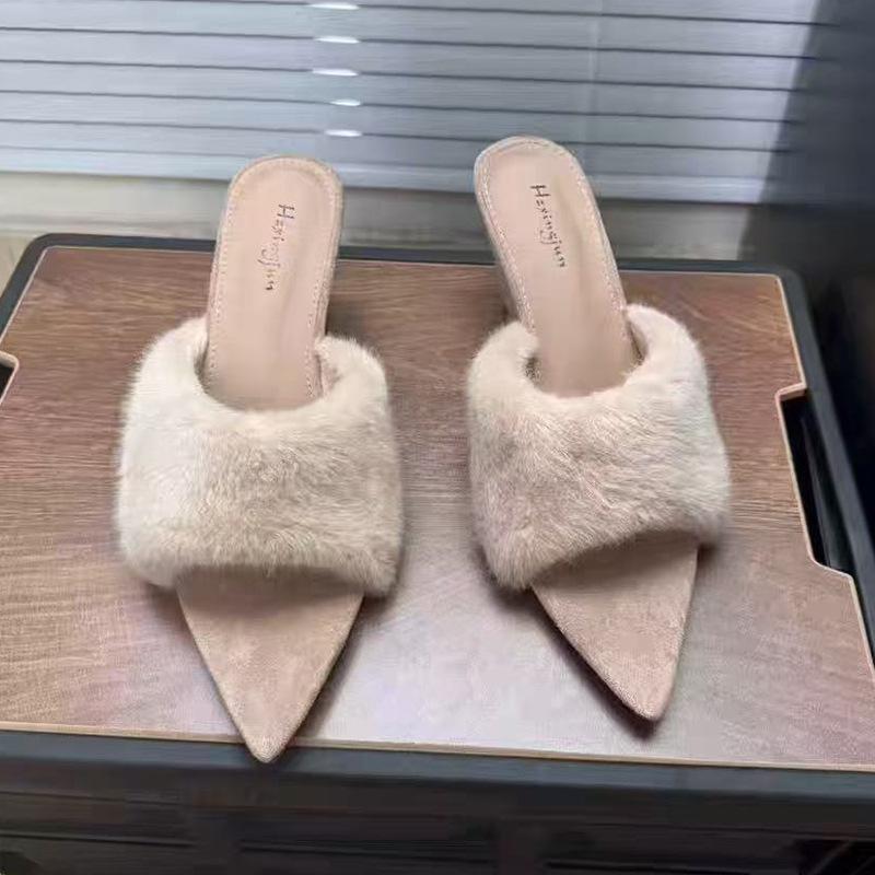 Премиальные французские повседневные остроносые пушистые тапочки на высоком каблуке, модные тапочки-клинья 2025, новинка осени и зимы