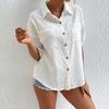 Summer Half Sleeve Lapel Button Up Solid Color Blouses Women Plus Size Loose Cotton Linen Shirt Lady Tops