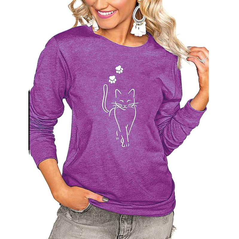 Женские осенние топы, свободная футболка с милым котом и принтом кота, повседневная футболка с длинными рукавами, топ, блузка