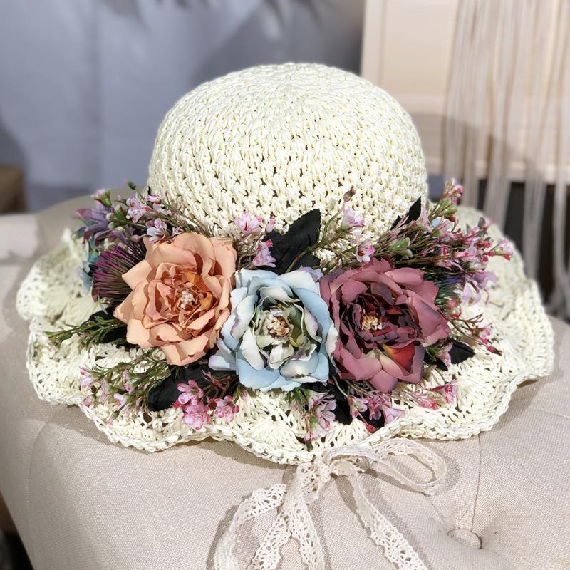 Сплетенная вручную соломенная шляпа с цветком розы, женская летняя, маленькая, свежая, пасторальная, кружевная, с большим карнизом, пляжная шляпа