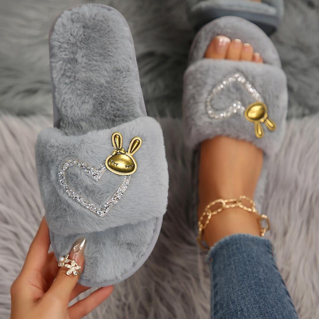 Теплые пушистые тапочки женские толстые пушистые меховые тапочки с сердечками кролика зимние домашние шлепанцы домашние тапочки плоские тапочки для дома