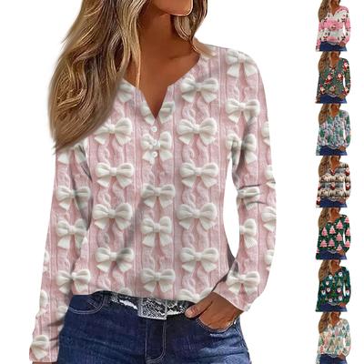 Женская модная повседневная футболка с V-образным вырезом, на пуговицах, с длинным рукавом, с рождественским принтом