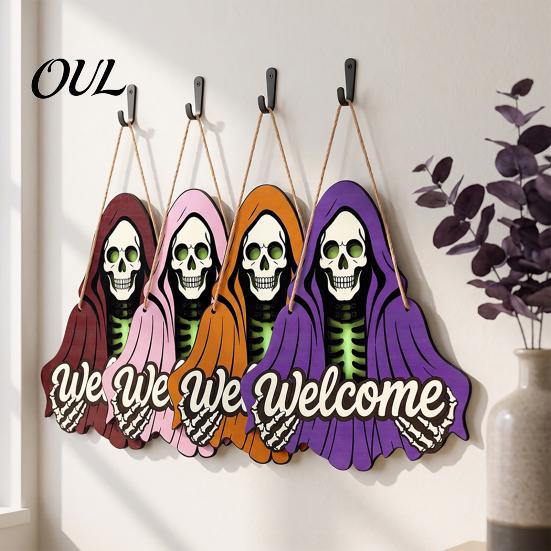 Halloween Home Accents Skeleton Welcome Sign, Spooky Wooden Grim Reaper Shaped Front Door Decoration Hanger, Horror Wall Hanging Plaque for