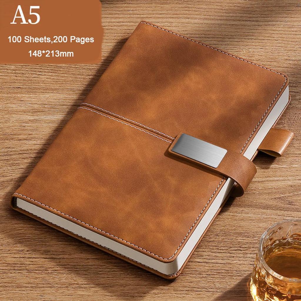 A5 Thickened Business Leather Buckle Notepad, Student Study Notebook, Work Meeting Record Book, Diary, 100 Sheets 200 Pages
