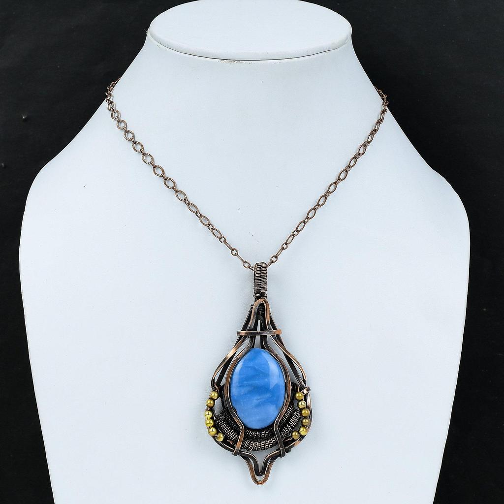 Кулон с Овайхи Блю Опалом, Кулон, обмотанный медной проволокой, Ювелирное изделие ручной работы в технике Wire Wrap, Кулон с настоящим драгоценным камнем, Подарок для мамы, Ювелирное изделие из античной меди