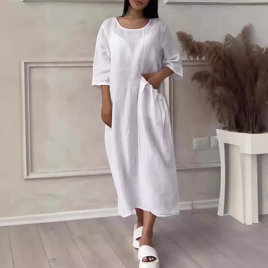 Женское платье размера плюс, однотонное повседневное длинное платье с круглым вырезом и пуговицами