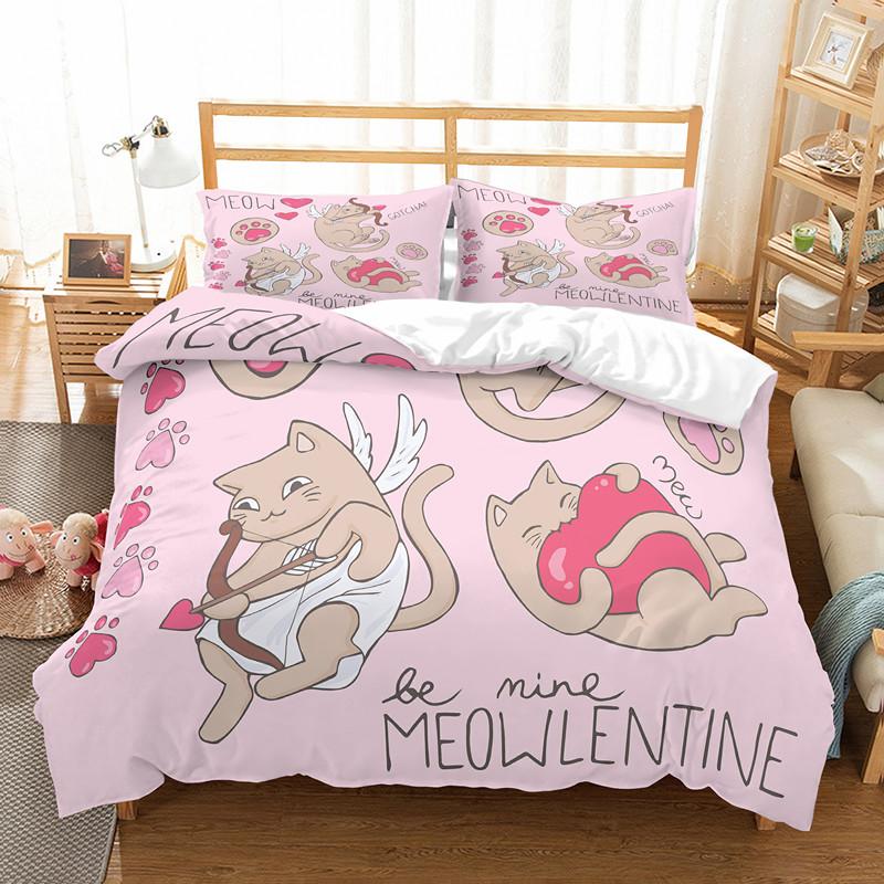 Кошка Цветы Король Королева Пододеяльник Мультяшный Китти Цветочный Постельный Комплект Для Детей Милые Животные Черный 2/3шт Полиэстер Чехол для Одеяла