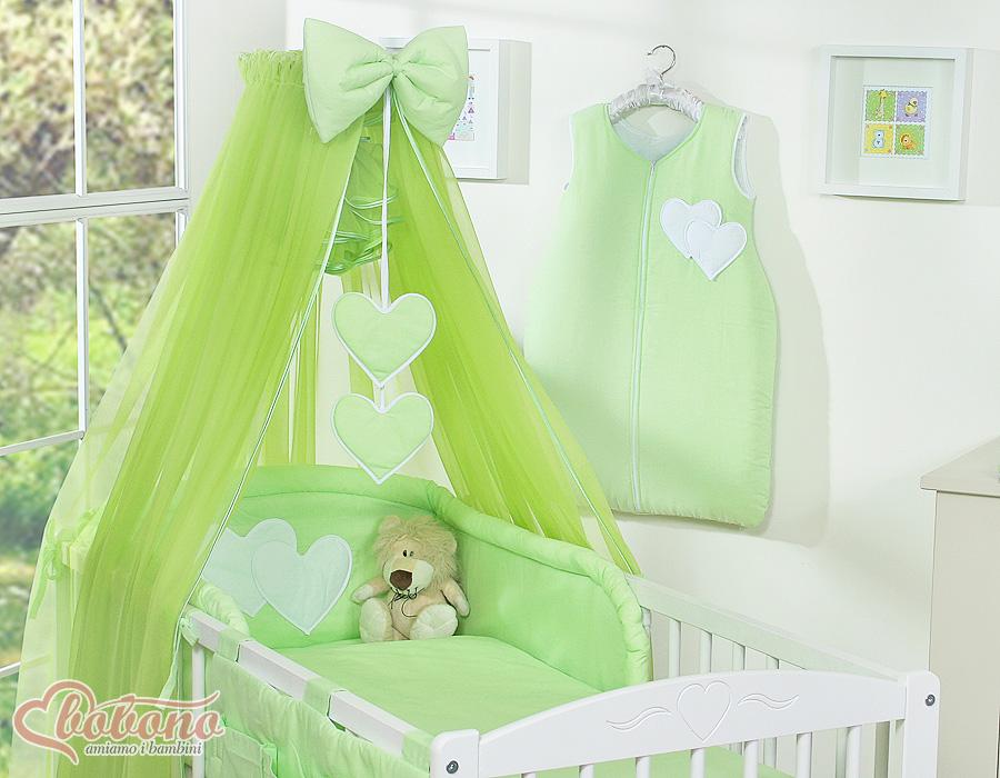 Large chiffon mosquito net for a baby cot with hanging hearts and a bow - green