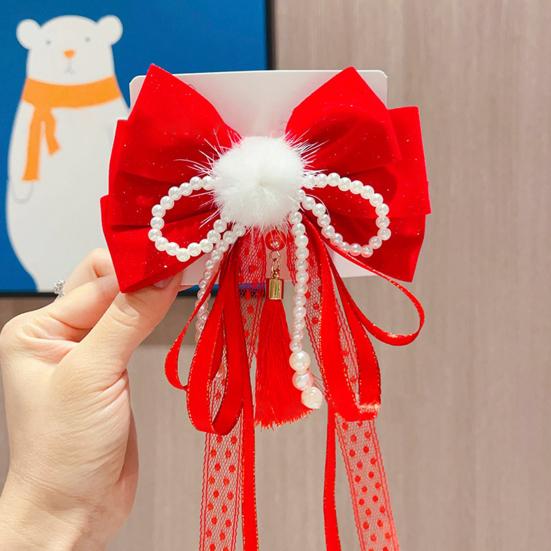 Китайская новогодняя заколка для волос с кружевными стразами, заколка для волос в стиле банта с кисточками, праздничный аксессуар для волос