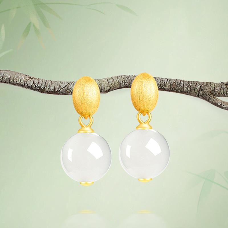 Серьги из стерлингового серебра S925 с круглыми бусинами из белого хотанского нефрита для женщин - Простой, роскошный дизайн