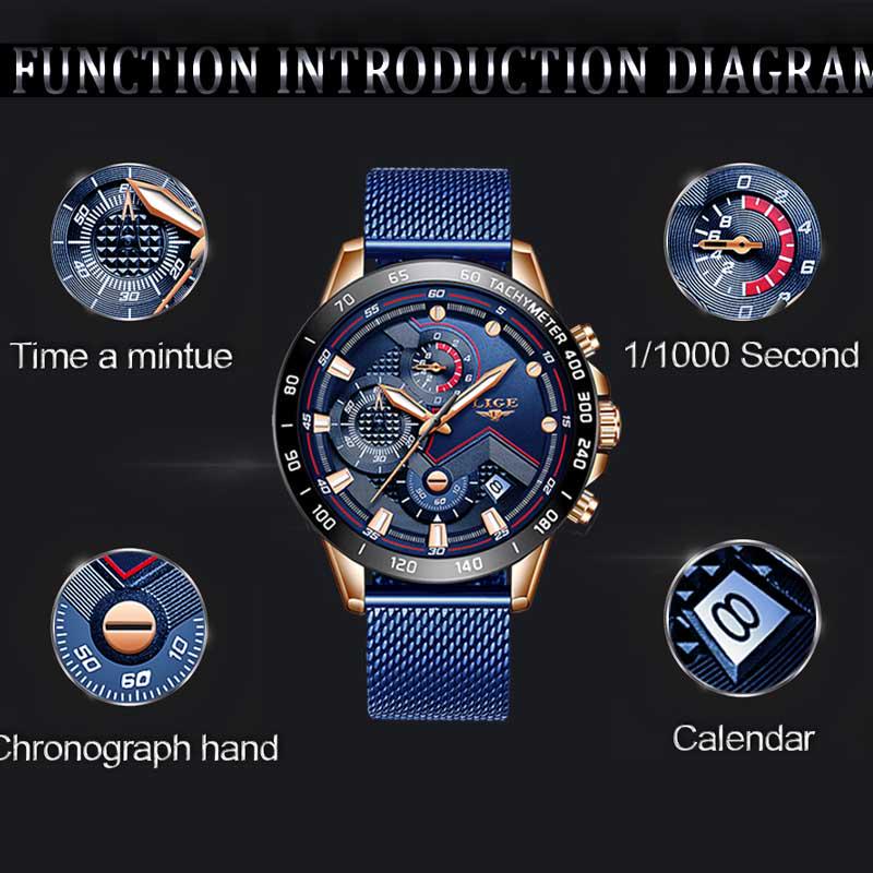 LIGE 2020 New Mens Watches Wrist Watch Quartz Clock Blue Watch Men Waterproof Sports Chronograph