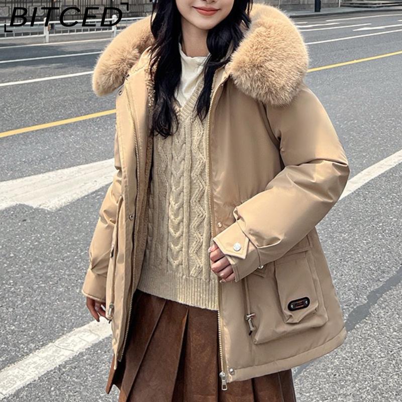 BITCED Winter Thickened Puffer Coat for Women with Waist-cinching, Slimming Fit, Hood and Large Fur Collar for Warmth