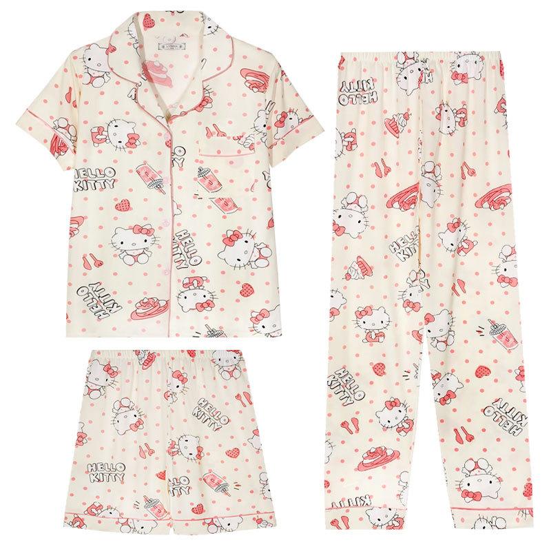 Женский Пижамный Комплект Милый и Сладкий Hello Kitty Короткий Рукав Шорты Брюки Ленивая Домашняя Летняя Одежда для Отдыха Комплект из Трех Предметов