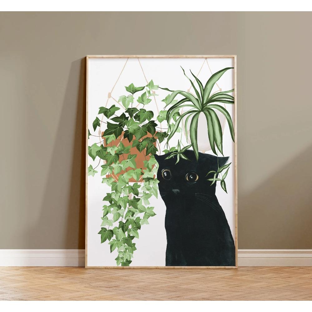 Watercolor Kittens Print Cat and Plant Poster Wall Art Leisurely Cute Kitty Canvas Painting Living Room Bedroom Home Decor