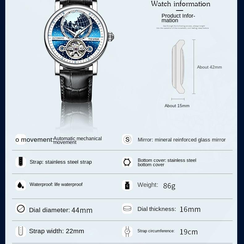 TEVISE New Hollow Mechanical Watch Automatic Leather Casual Watch Waterproof Men's Watch
