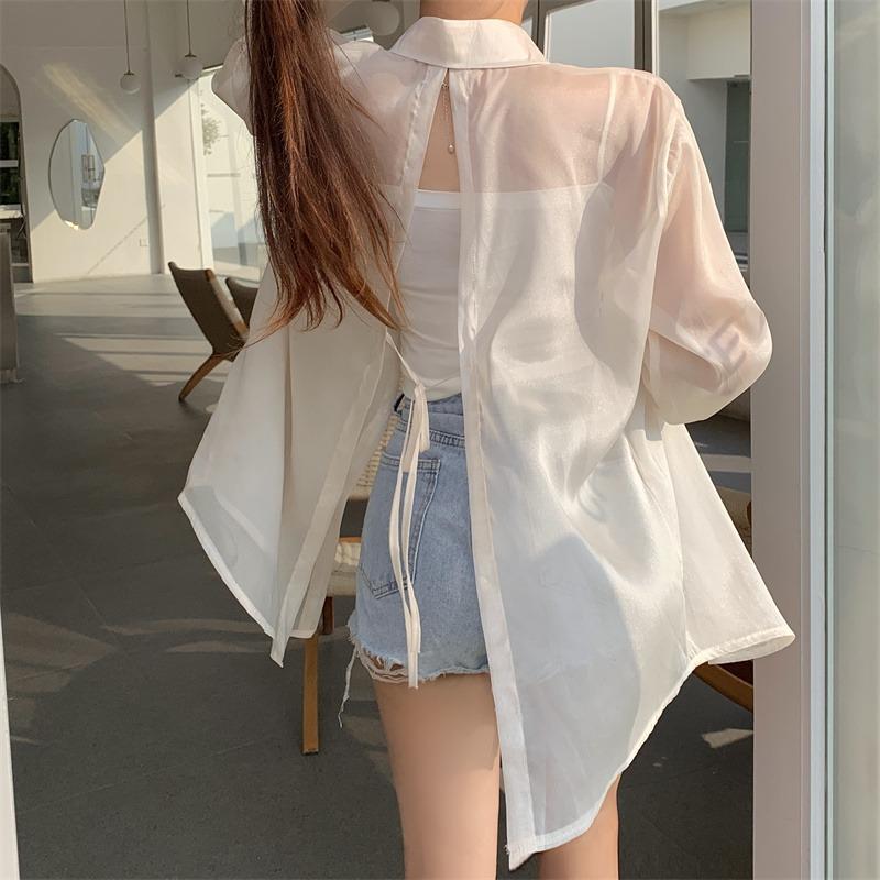 Back Split Lace-up Casual Loose Shirts Women Fashion New See Through Long Sleeve Women's Blouses Thin Breathable Sun Protection Office Lady Tops 26108