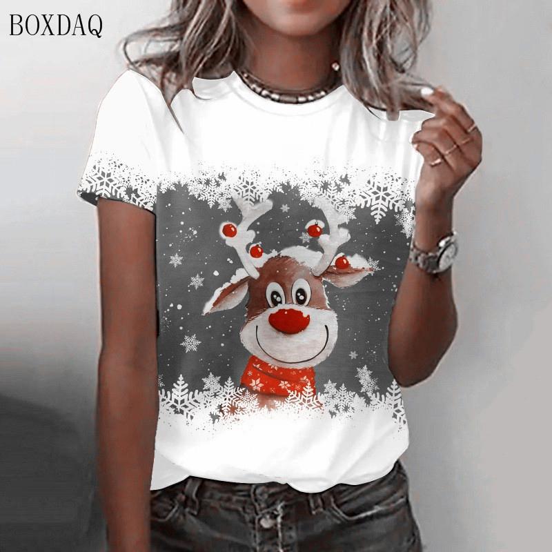 Short Sleeve Christmas Deer Pattern Women Street T-Shirts Oversized O-Neck 3d Printed Christmas Festival Ladies Casual Tops