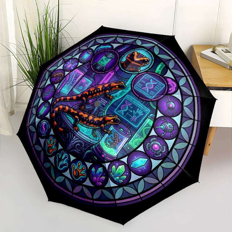Quantum Salamander Evolution pattern umbrella, portable and foldable design, 8 ribs, a casual accessory for Halloween, Christmas, and birthday gifts.
