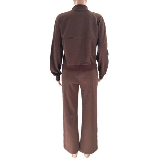 Женский комплект из 2 шт./компл., пальто, брюки, воротник-стойка, застежка-молния с длинным рукавом, свободные эластичные манжеты, высокая эластичная талия, широкие штаны, однотонный женский спортивный костюм