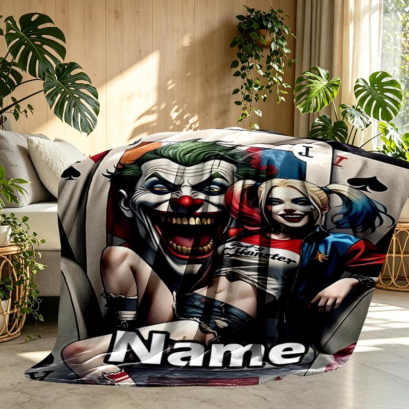 Custom Name Personalized Harley Quinn Joker Print Blanket, Home Decor, Bedroom, Sofa, Camping, Couch, Gifts for Birthday Christmas