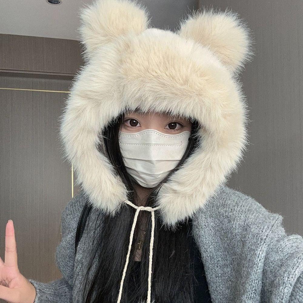 Утолщенная милая шапка с ушками медведя, теплая женская пушистая шапка, модная панама из искусственного меха, для девочек