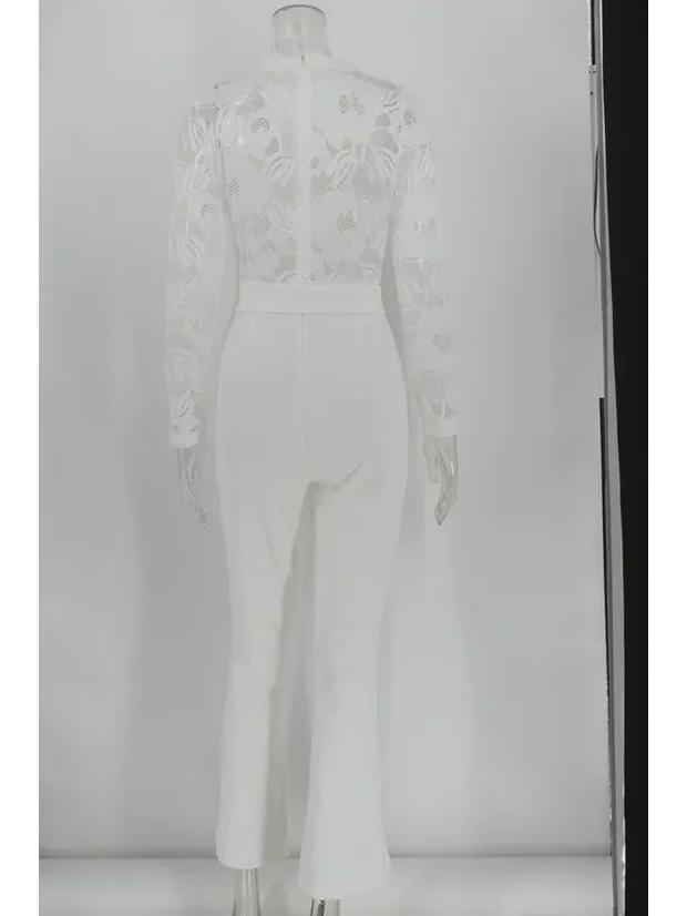 New European & American Sexy Deep V Neck White Lace Jumpsuit with Belt