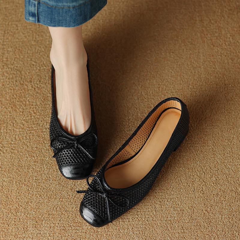 Krazing Pot Natural Leather Spring Summer Size 41 Thick Low Heels Women Square Toe Hollow Decoration Breathable Slip On Pumps