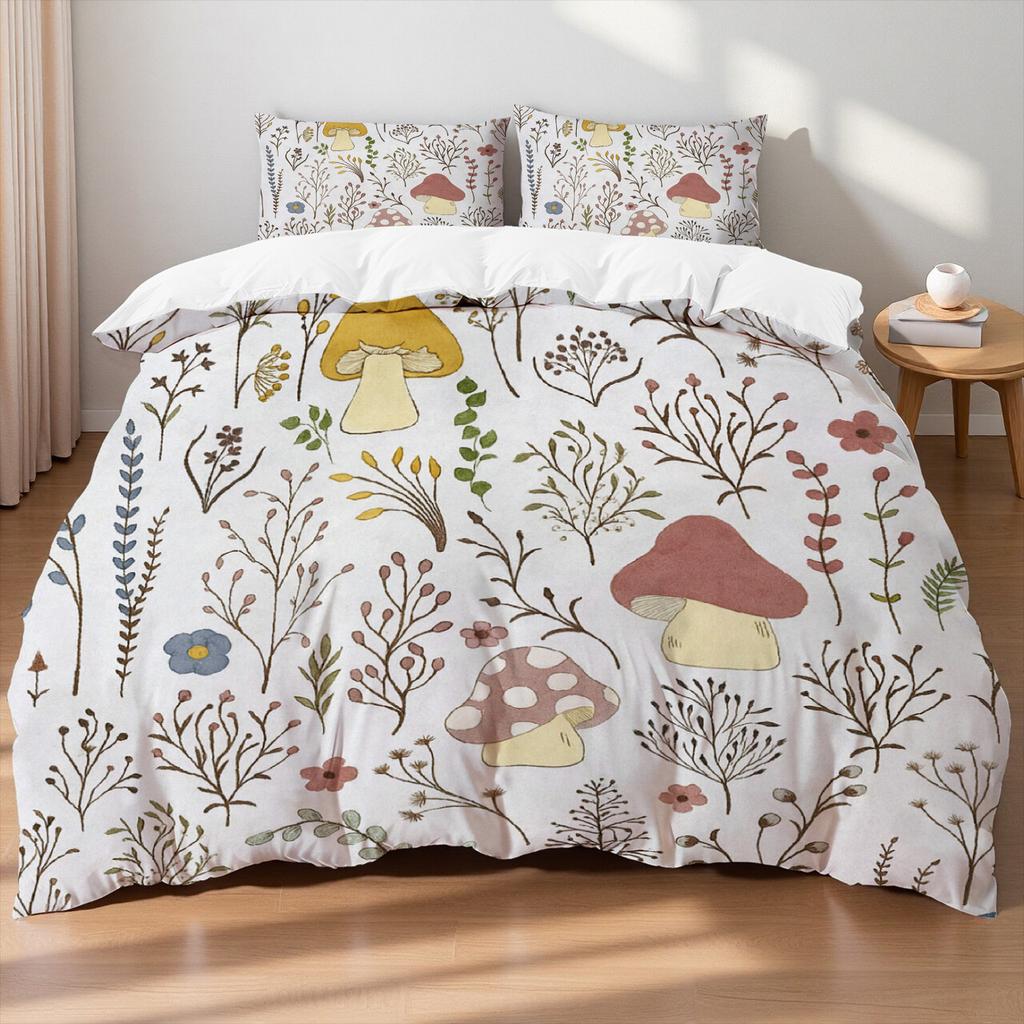 Mushroom Theme Bedding set Colorful Mushrooms Leaves Butterflies Natural Style Queen duvet cover Sheet Pillowcases Home Textile