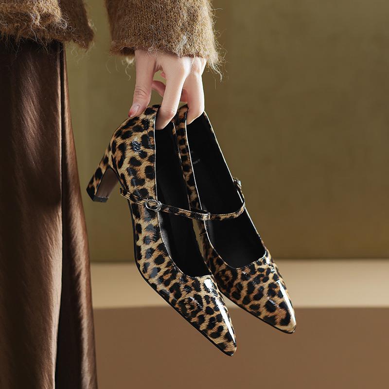 Модные женские туфли-лодочки из натуральной кожи, неглубокие, с ремешком Мэри Джейн, туфли-одиночки, квадратный высокий каблук 6 см, леопардовый принт, для выпускного вечера, Sapatos Mujer
