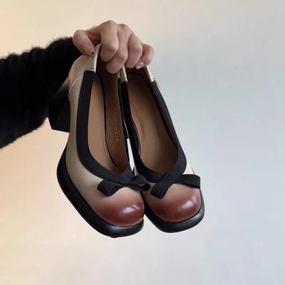 Легкий бант толстая подошва ленивые туфли женские 2025 новые 2025 весна и лето лакированные на высоком каблуке на толстом каблуке цветные одинарные туфли