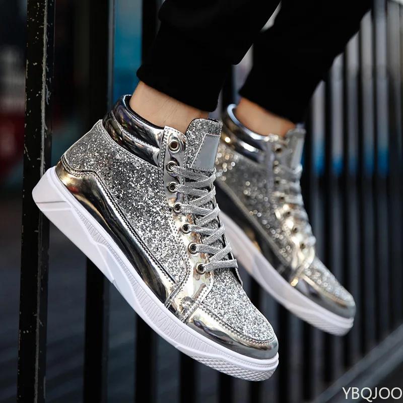 Мода Модные высокие кроссовки Мужская обувь Блестящие Большие размеры Персонализированная обувь Золотые Ретро повседневная обувь Трендовые универсальные Мужские Кроссовки Zapatos